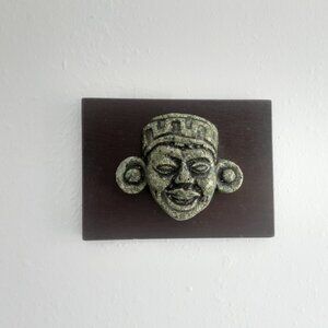 Vtg. Aztec Mayan Green Crushed Malachite Mask Face Plaque Zarebski